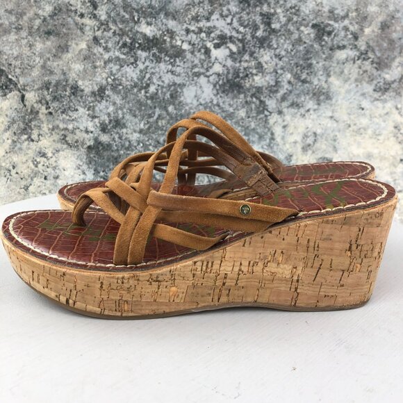 Sam Edelman Women's Size 8 Reana Brown Leather Open Toe Slip On Wedge Sandals - Picture 3 of 13